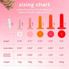 Vaginal dilator sizing chart showing five different sizes with length, insertable length, circumference, and weight for Bodyotics 5pcs set