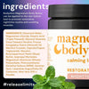 Bodyotics Nighttime Magnesium Butter jar with ingredient list and fresh mint leaves on purple background, moisturizing cream for muscle and joint relief