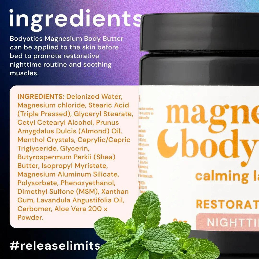 Bodyotics Nighttime Magnesium Butter jar with ingredient list and fresh mint leaves on purple background, moisturizing cream for muscle and joint relief