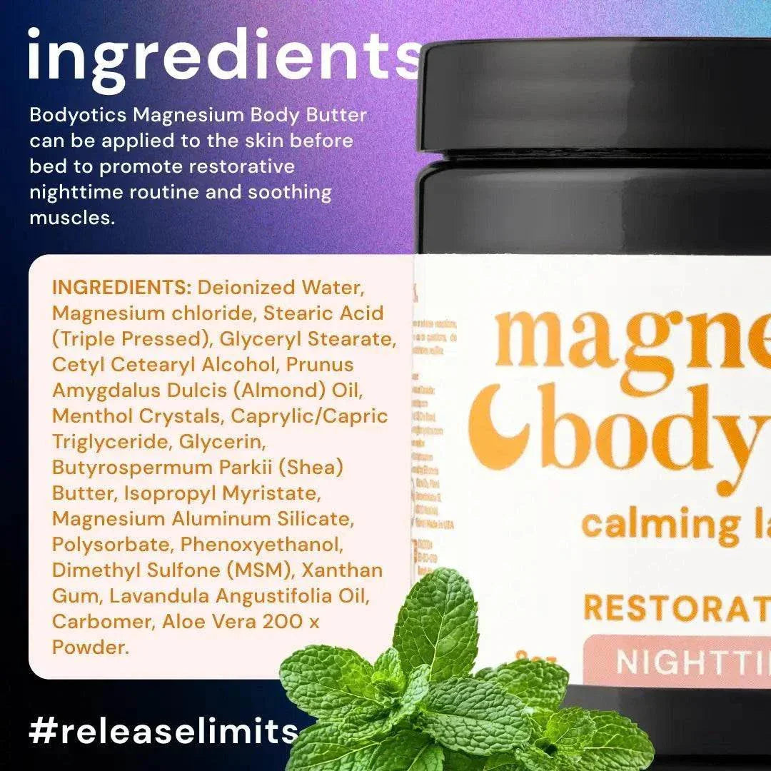 Bodyotics Nighttime magnesium butter jar with ingredients list and mint leaves on purple background for soothing muscle relief and restorative nighttime routine