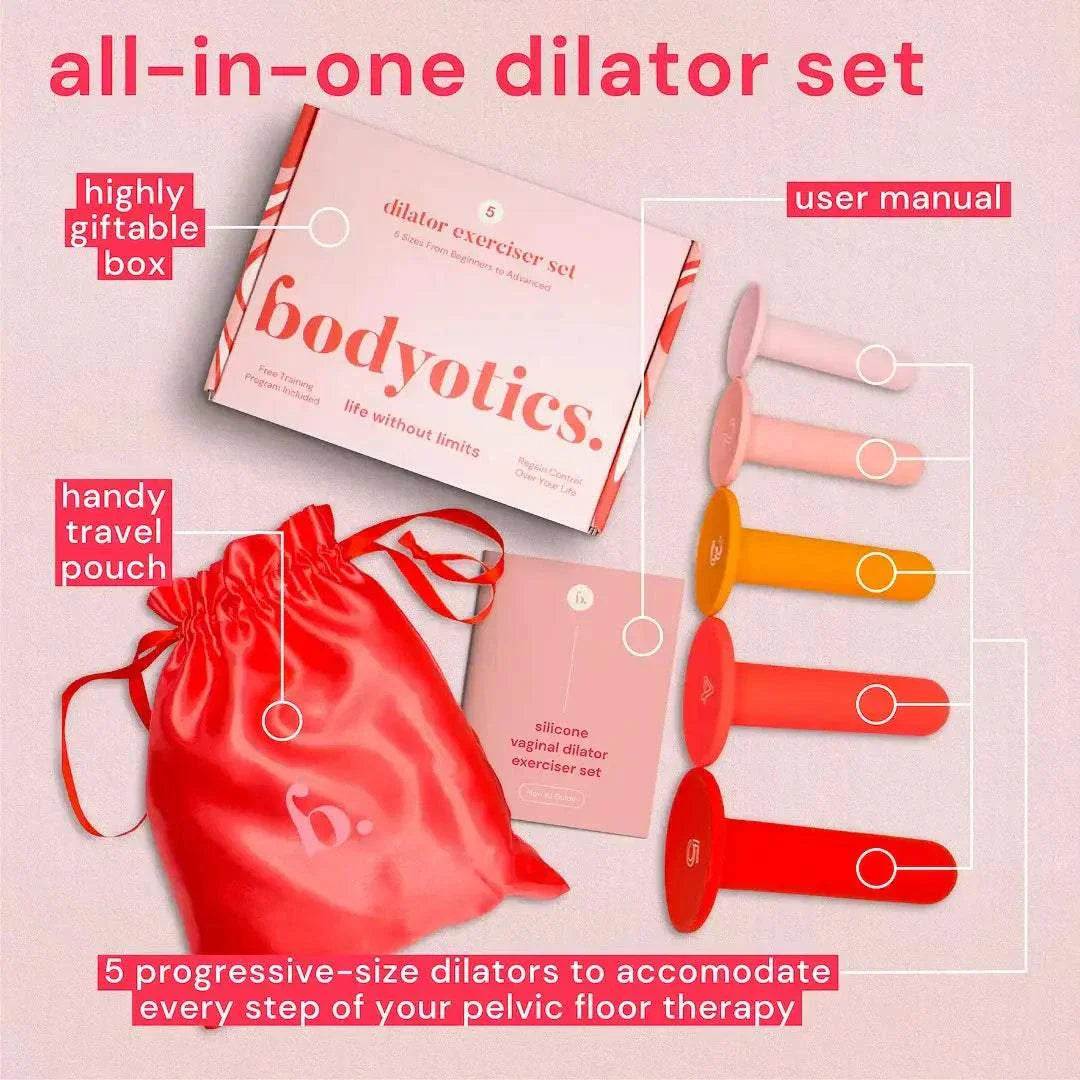 Bodyotics vaginal dilator set with 5 progressive silicone dilators, travel pouch, and user manual for pelvic floor therapy