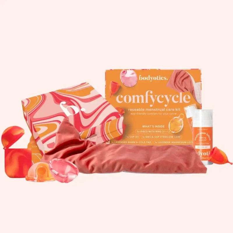 Bodyotics Comfycycle reusable period disc and menstrual care kit with multiple eco-friendly menstrual products and storage case