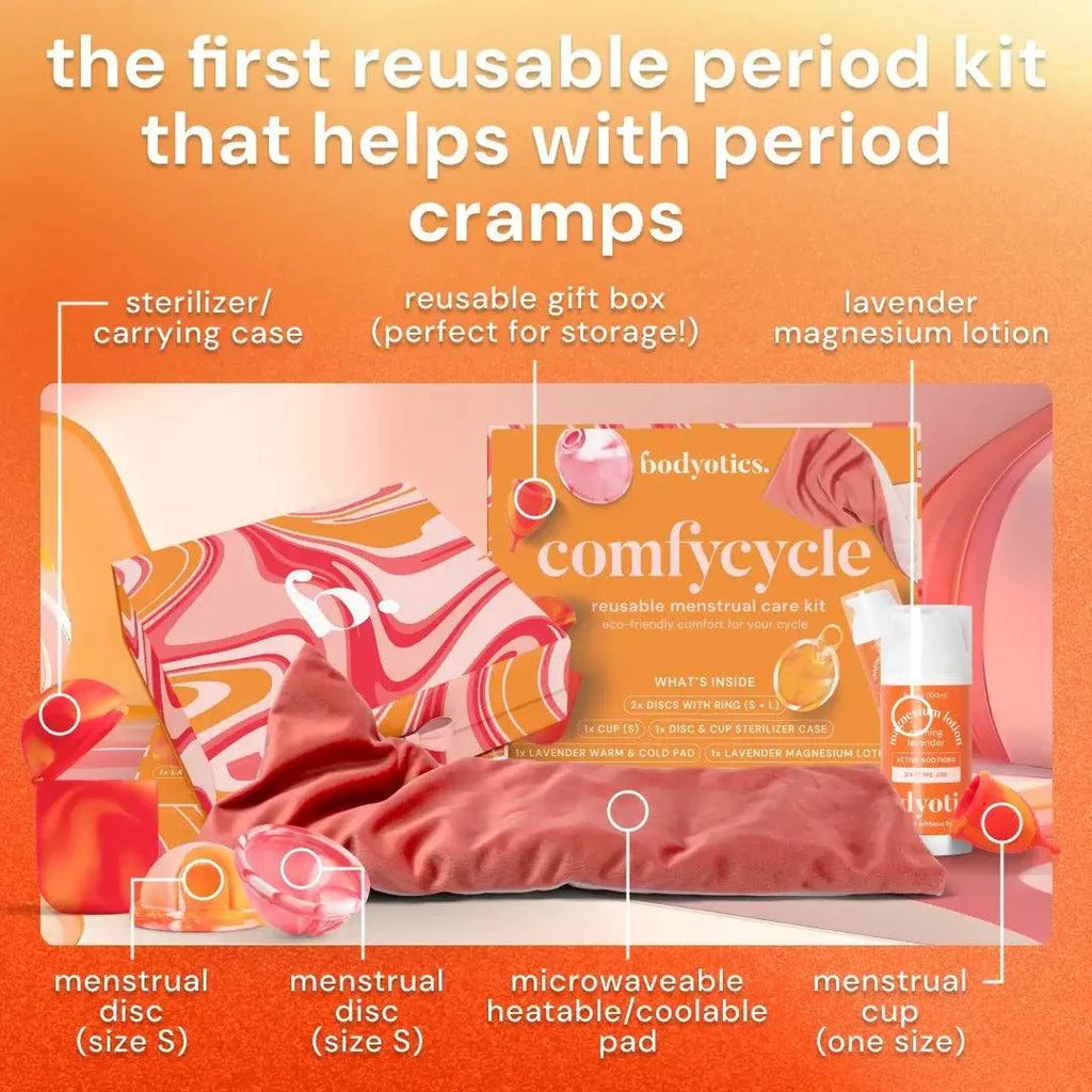 Bodyotics Comfycycle reusable period disc and care kit with menstrual discs, cup, sterilizer case, heatable pad, and magnesium lotion for period cramps relief.