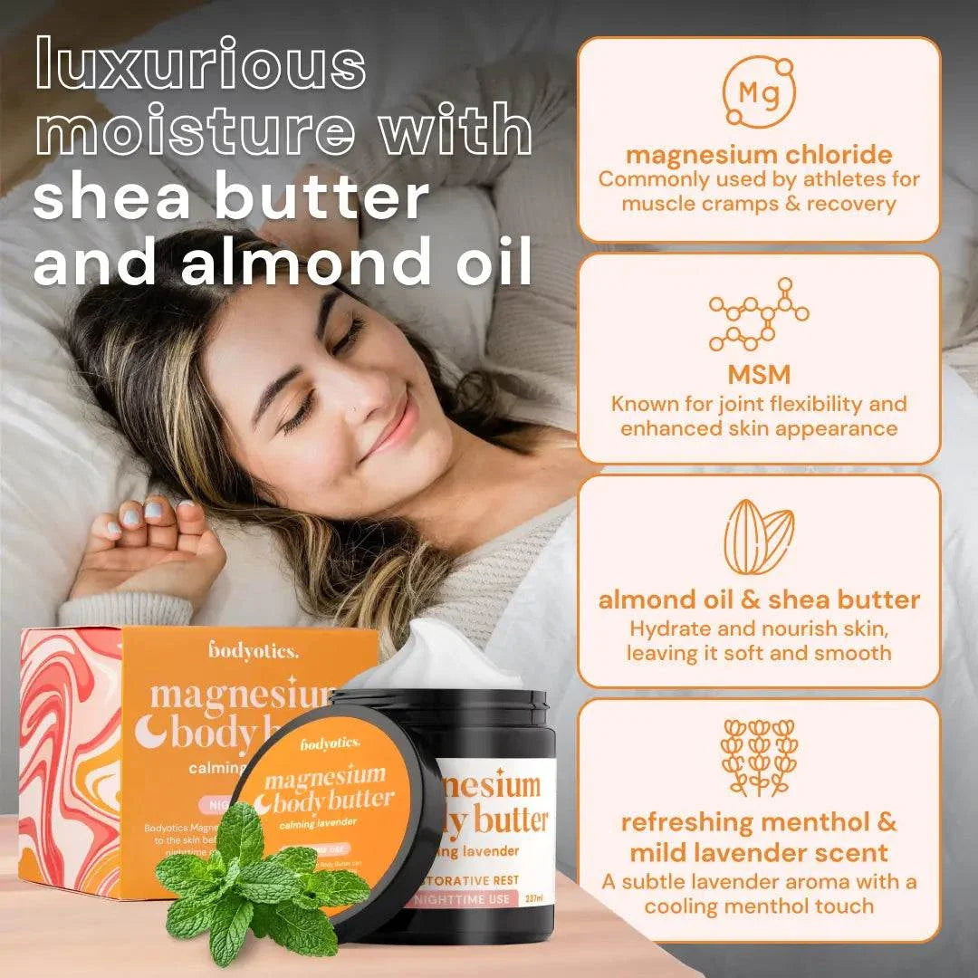 magnesium butter with shea butter and almond oil for nourishing skin and muscle relief, with magnesium chloride, MSM, and lavender mint scent