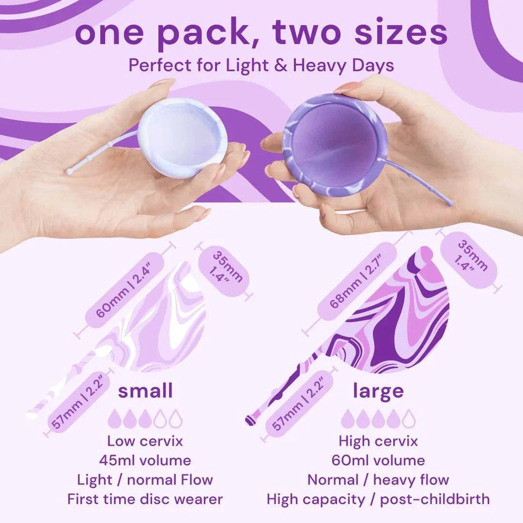 Bodyotics Comfydisc reusable menstrual discs in small and large sizes for light to heavy flow with pull-off string design