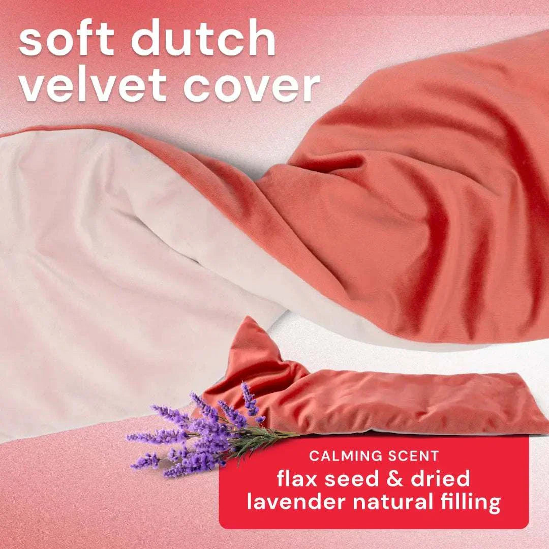 Bodyotics ComfyCuddle heating pad for cramps with soft Dutch velvet cover and natural flax seed and lavender filling for soothing warmth or cooling relief.