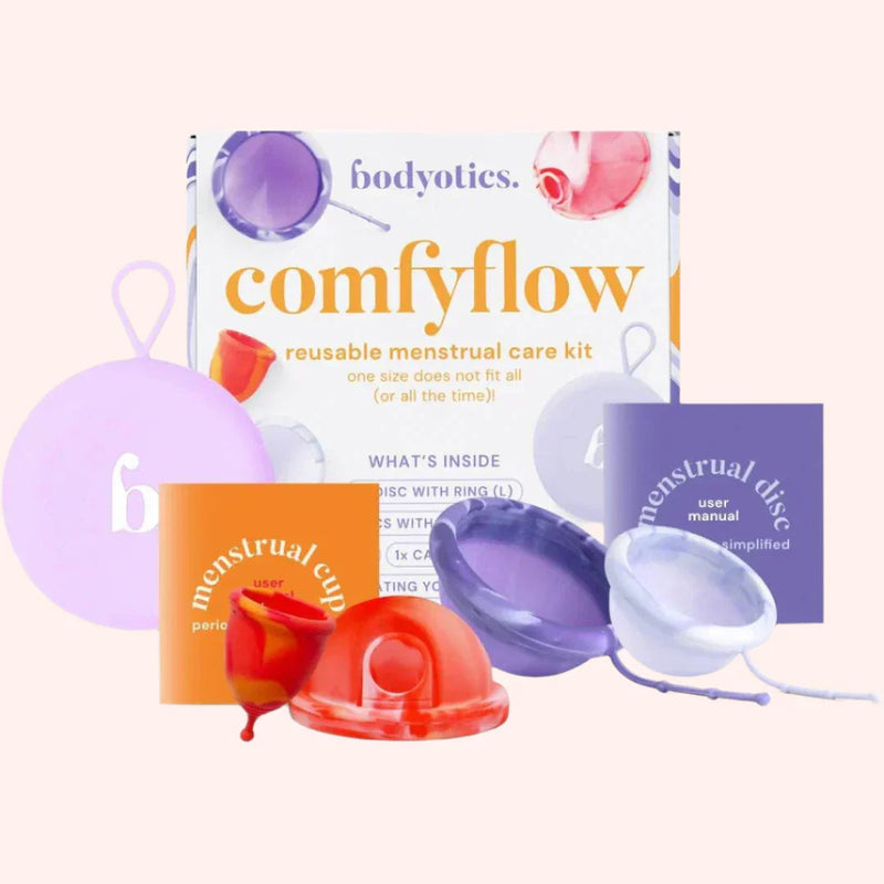 Bodyotics Comfyflow reusable menstrual cup and disc set with storage bag for personalized, comfort-focused period care