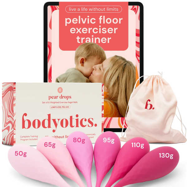 Set of 6 pink Bodyotics Kegel balls with weights from 50g to 130g, luxury pouch, and pelvic floor exerciser training program display