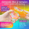 Bodyotics Comfydisc Rainbow Edition reusable menstrual disc with pull-off string, colorful silicone, compact foldable design, and grip dots for easy removal, toxin-free and eco-friendly.