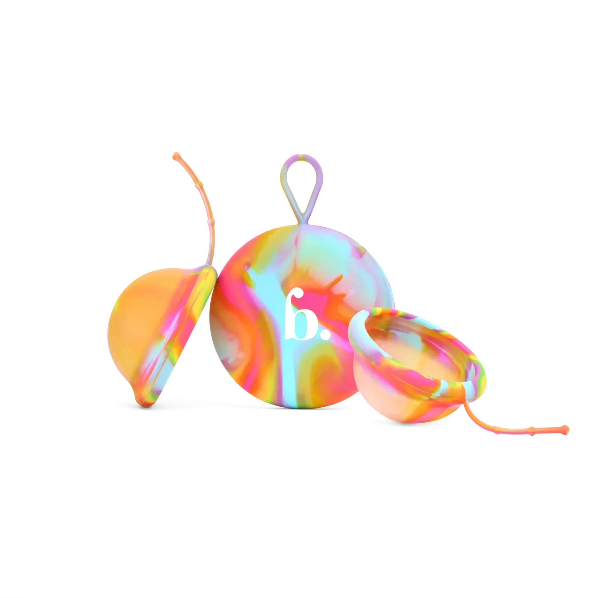 Bodyotics Comfydisc Rainbow Edition reusable menstrual discs with pull-off string and carrying pouch, colorful silicone design.