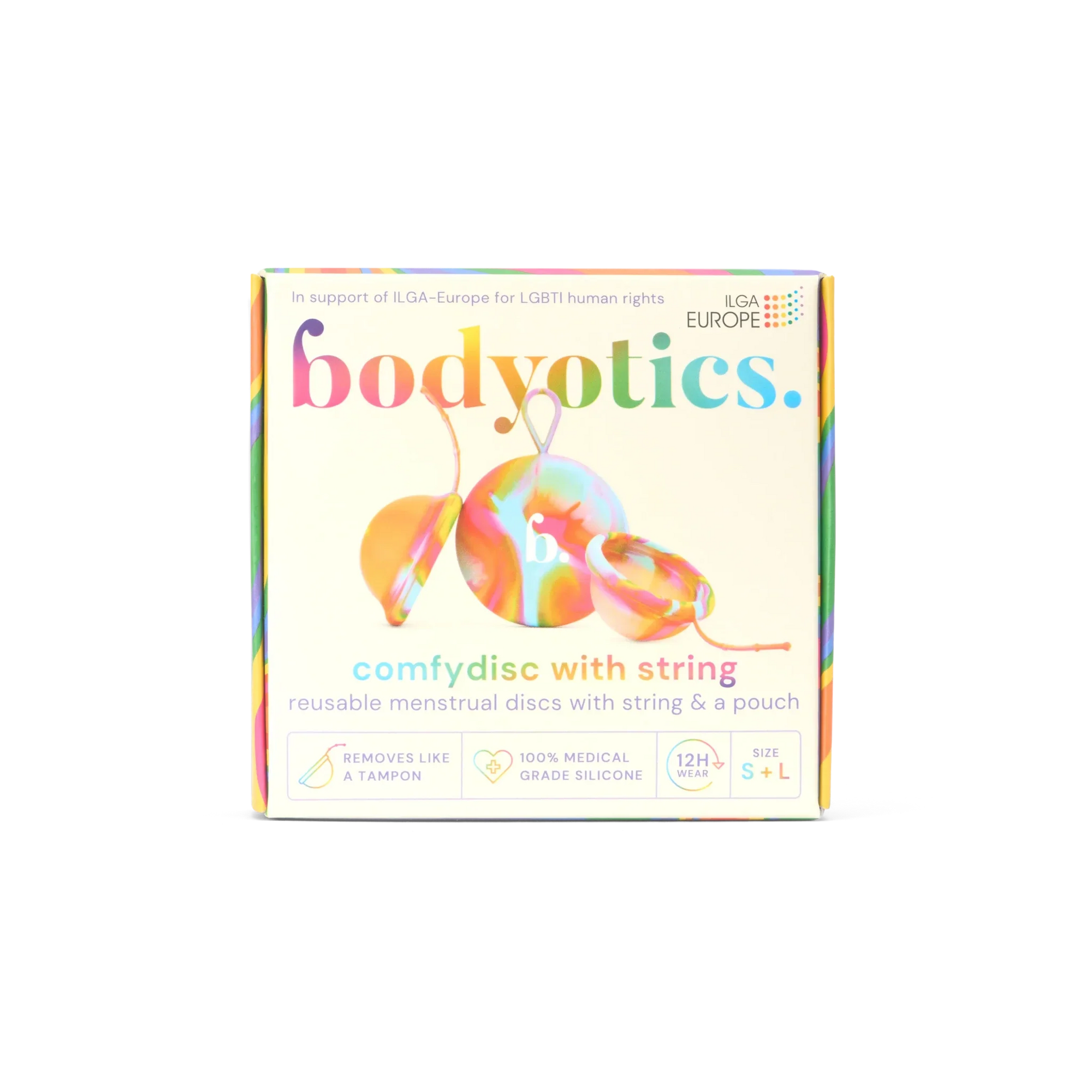 Bodyotics Comfydisc Rainbow Edition reusable menstrual discs with string and carrying pouch, rainbow design, 12-hour leak-proof comfort, body-safe silicone, supports LGBTI rights