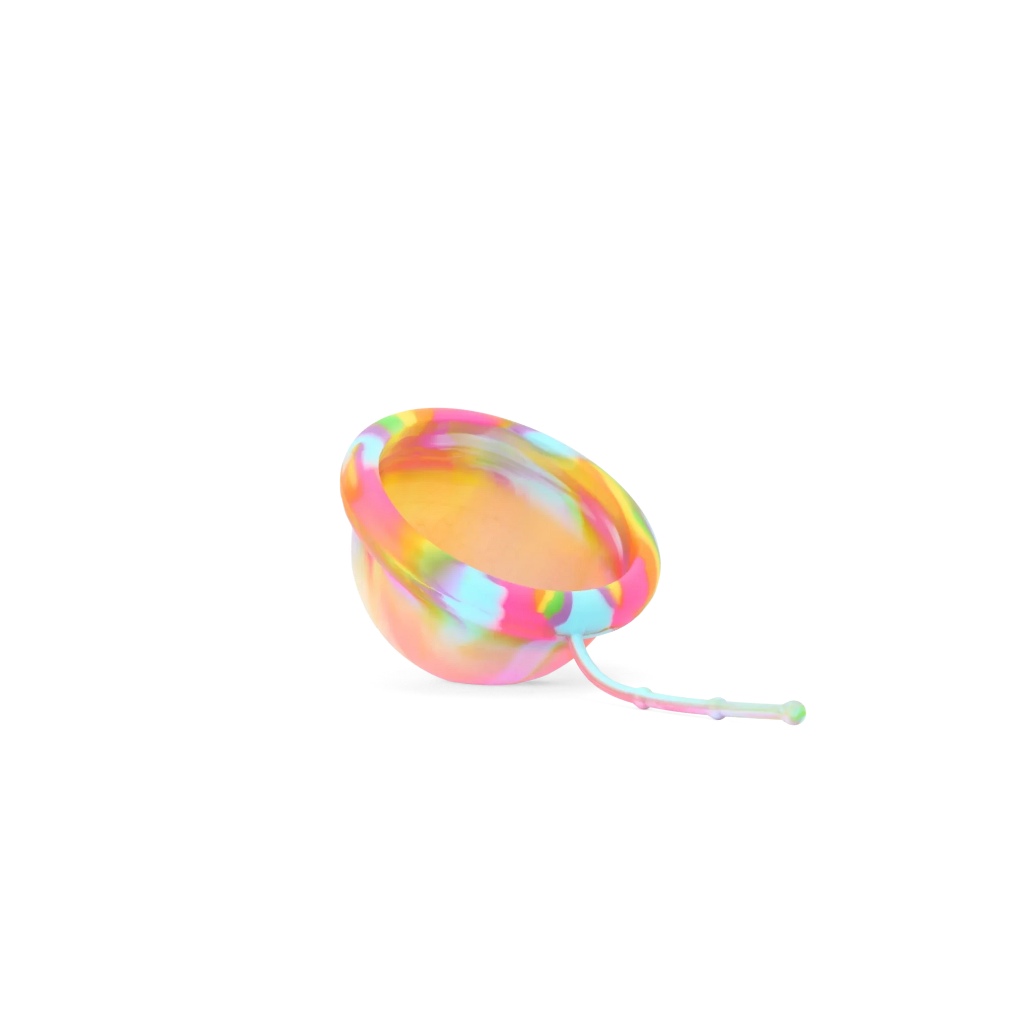 Bodyotics Comfydisc Rainbow Edition reusable menstrual disc in rainbow colors with pull-off string for easy removal and 12-hour leak-proof protection