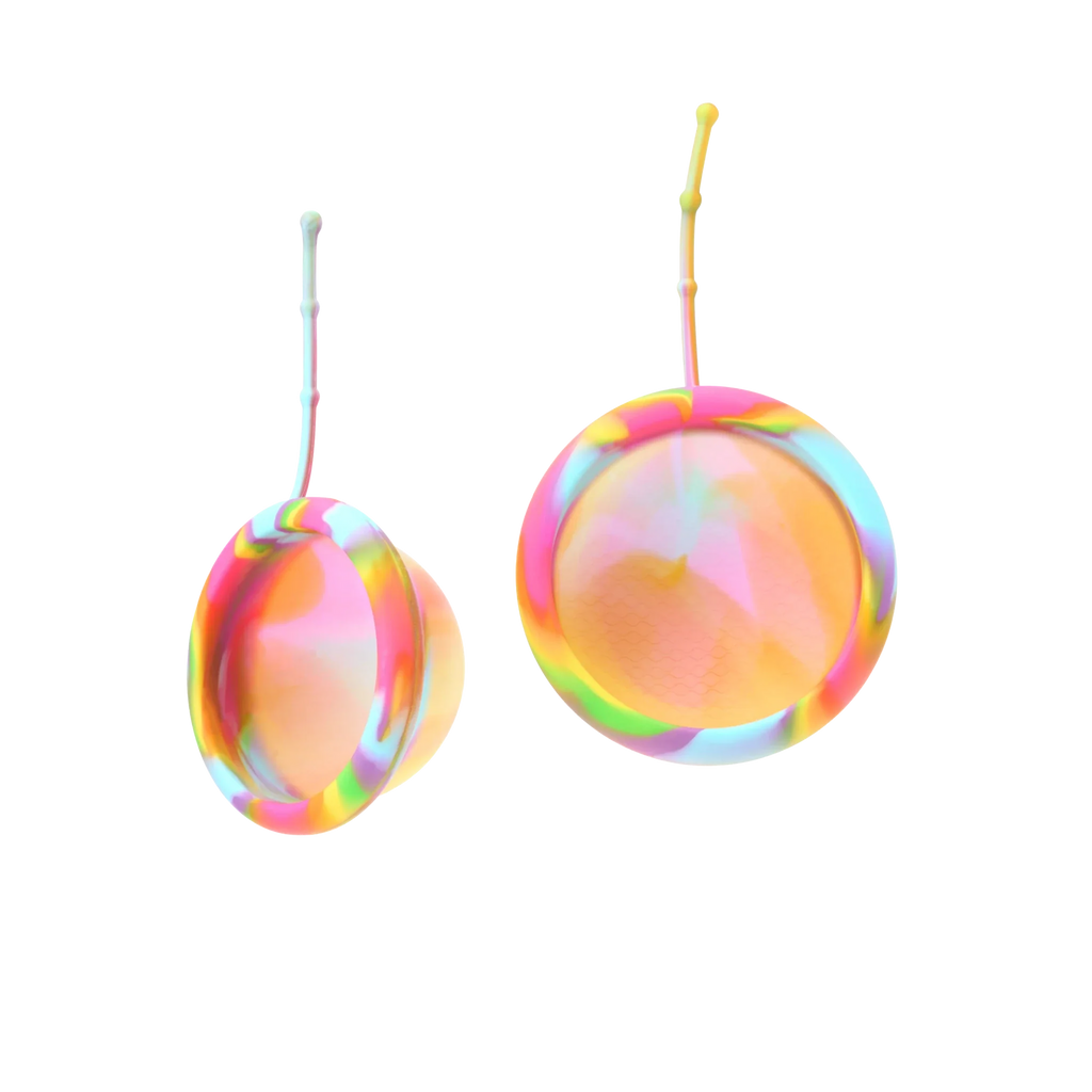 Bodyotics Comfydisc Rainbow Edition reusable menstrual discs with pull-off string, colorful silicone, 12-hour leak-proof protection, eco-friendly, two pieces.