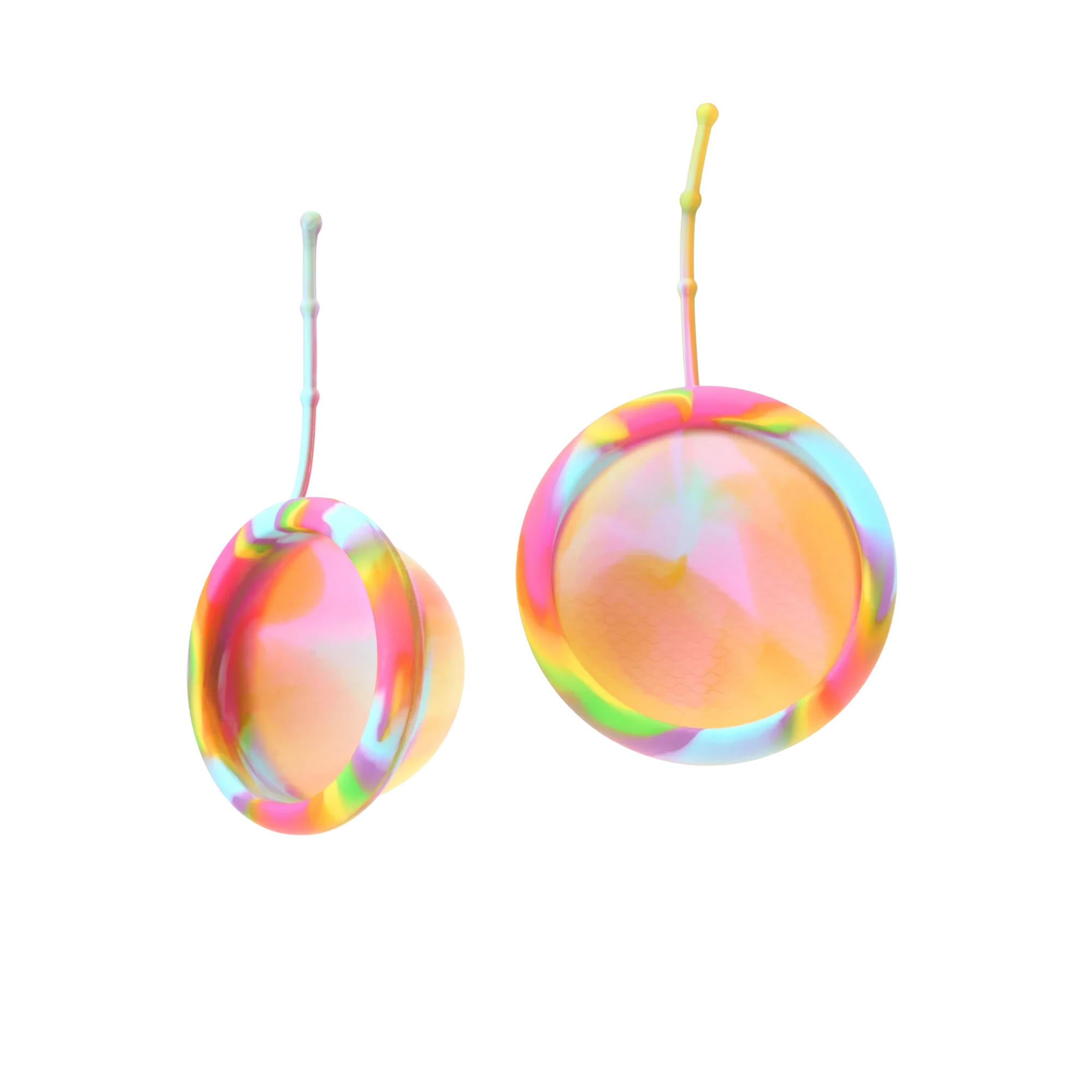 Bodyotics Comfydisc Rainbow Edition reusable menstrual discs with pull-off string, colorful silicone, 12-hour leak-proof protection, eco-friendly, two pieces.