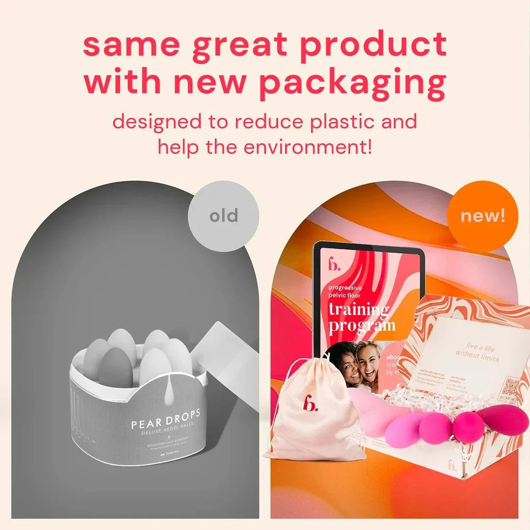 Comparison of old and new eco-friendly packaging for Kegel balls pelvic floor trainer set from Bodyotics