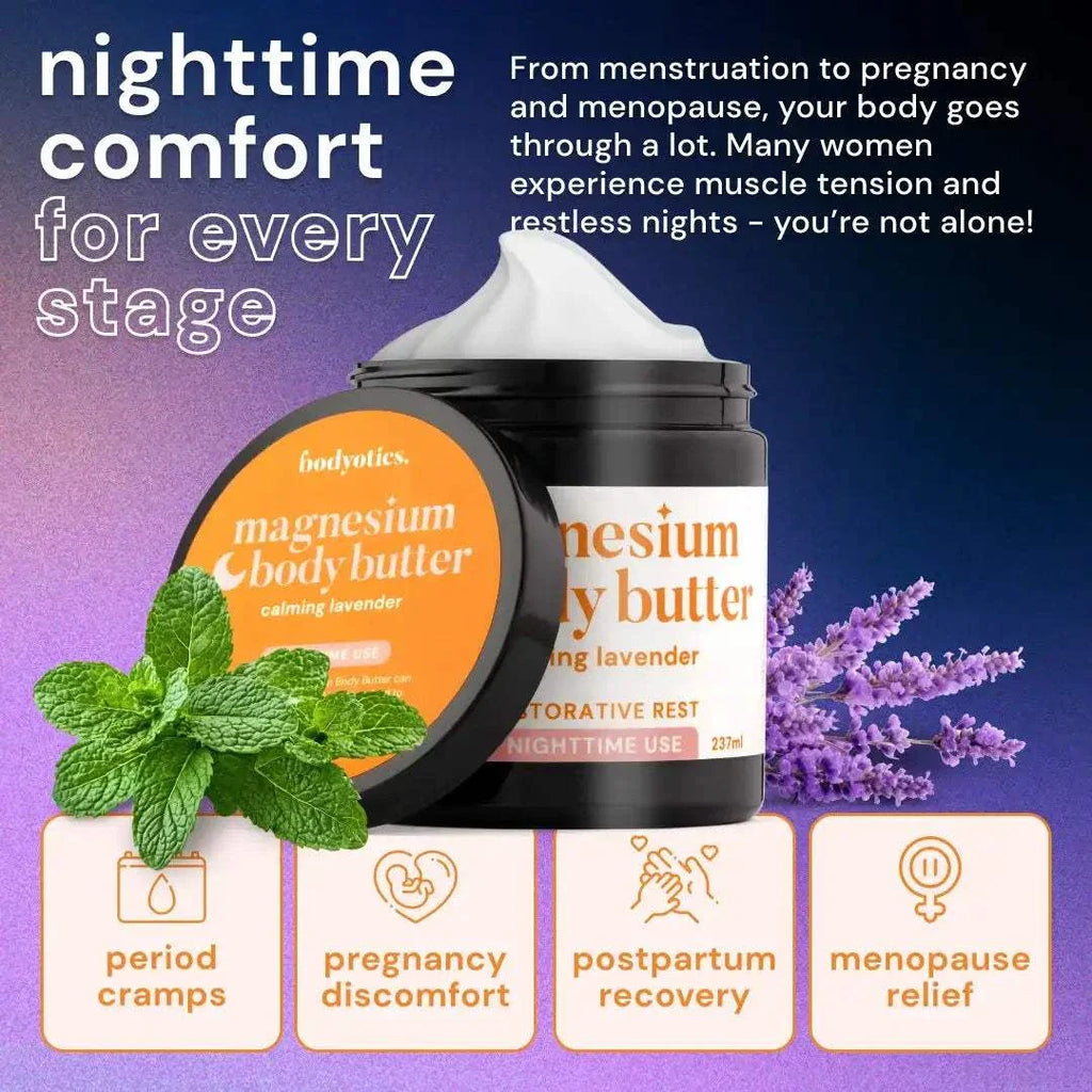 Bodyotics nighttime magnesium butter in 8oz jar with calming lavender and mint for muscle tension, menstrual cramps, pregnancy discomfort, postpartum recovery, and menopause relief.